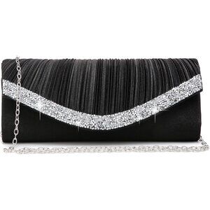 Women's Rhinestones Satin Formal Wedding Party Prom Dressy Black Clutches Bag